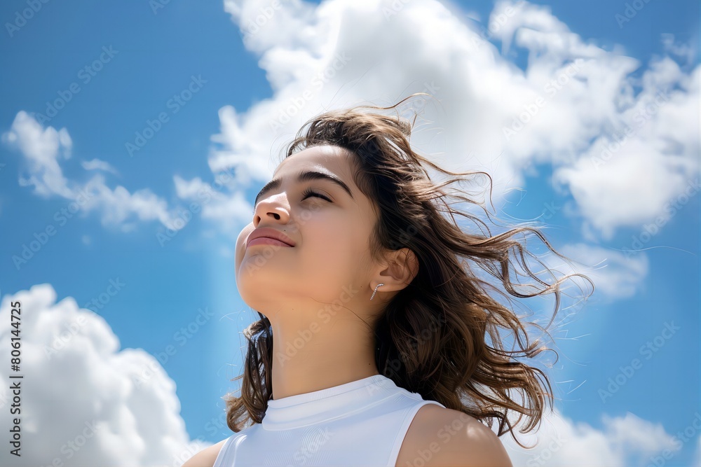 Serene Woman Enjoying Sunlit Sky in Vibrant Portrait
Serene Woman Enjoying Sunlit Sky in Vibrant Portrait