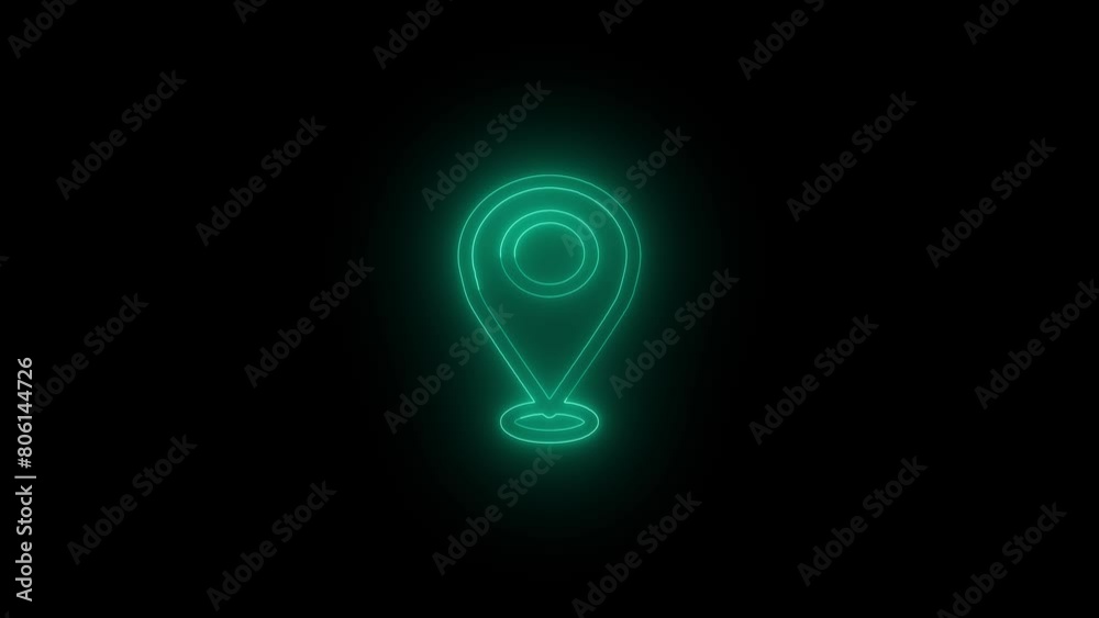 Neon location icon and located map pin marker animation on black background.