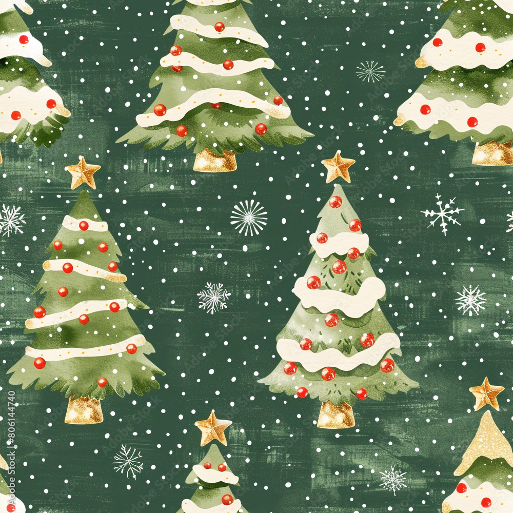 Christmas Tree Pattern Large Colors Green with Snow, Seamless Pattern