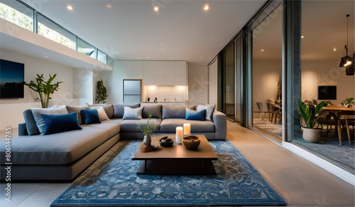 Modern interior living room with high ceilings and recessed lighting. sofa with throw pillows in shades of blue and gray with mirror window from the front
