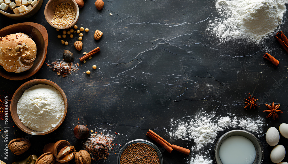 Different ingredients for baking on dark background with space for text Different ingredients for baking on dark background with space for text