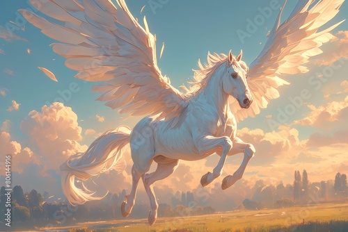 Beautiful pegasus flying in the sky  a white horse with large wings against a sunset background  in the fantasy art