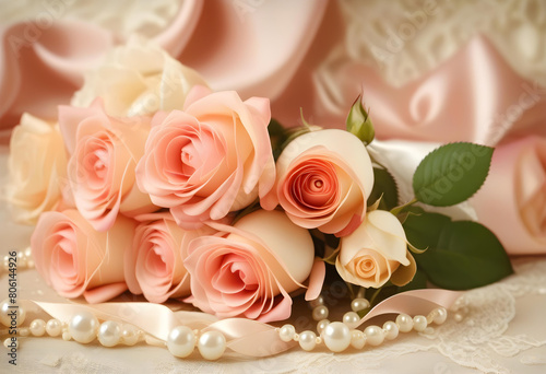 A beautiful arrangement of silk roses with lace  pearls  and ribbon on a textured background.