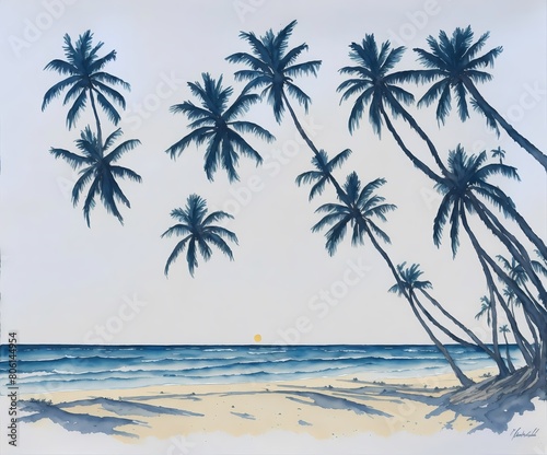 Summer background palms, sky and sea. gorgeous landscape, watercolor