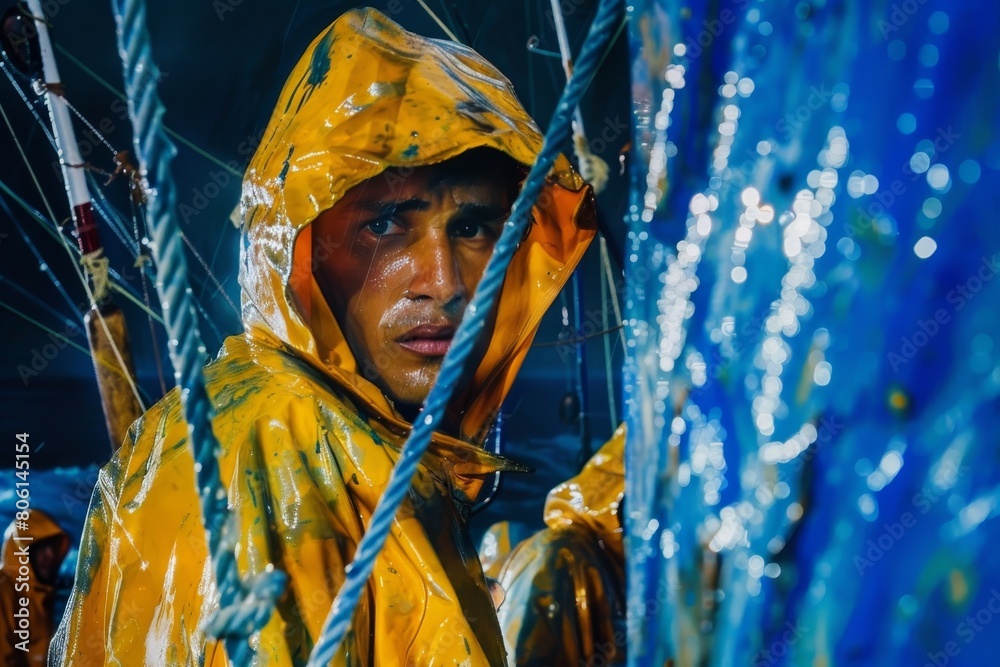 Obraz premium Asian man in yellow raincoat, fishing gear and waders is behind