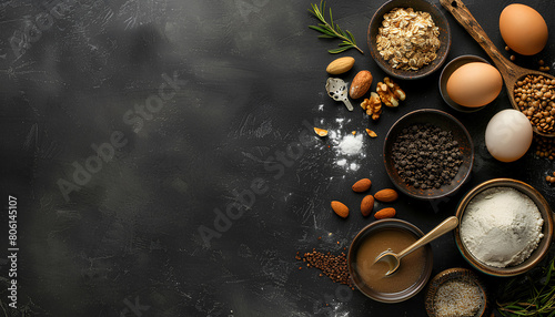 Different ingredients for baking on dark background with space for text