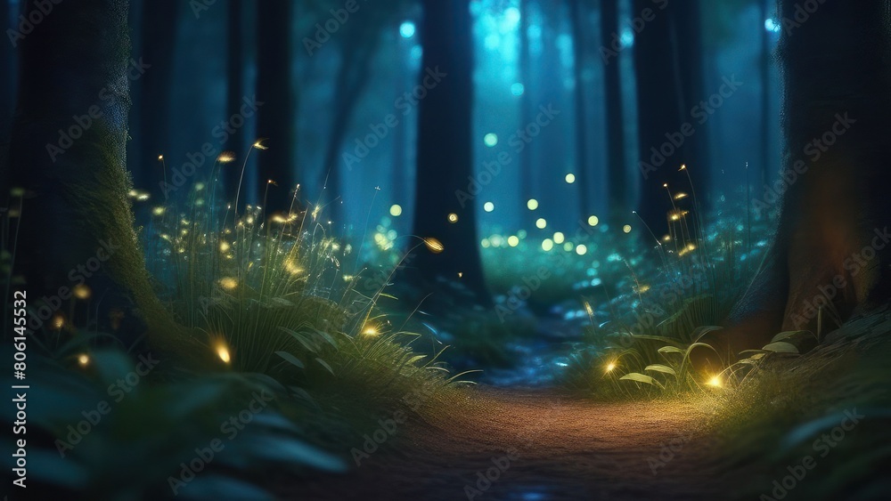 Fantasy forest fairytale with fireflies. Fairy tale woods with motion fog and flying glow fireflies. The path leading through fairytale forest Fantasy forest fairytale with fireflies. Fairy tale woods with motion fog and flying glow fireflies. The path leading through fairytale forest