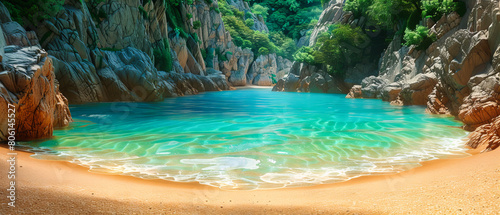 Serene Coastal Landscape with Sandy Beaches and Rocky Cliffs  Turquoise Sea Under a Sunny Sky