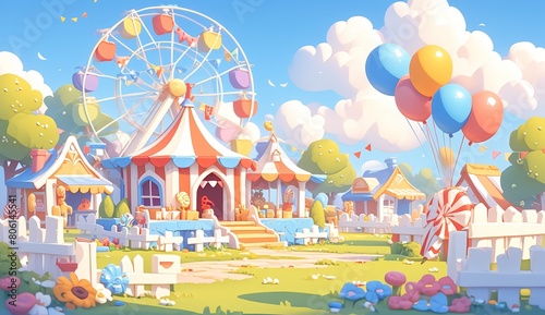 Carnival background with circus tent, Ferris wheel and lollipops in the style of cartoon for children's party or advertising of carnival games or events. 