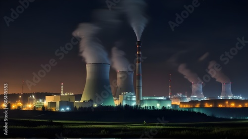 Nuclear Power Plant with Chimneys and Cooling Towers in Urban Landscape - Ideal for Energy Industry Publications, Environmental Campaigns, Educational Materials, and Urban Development Studies © Mustapha.studios