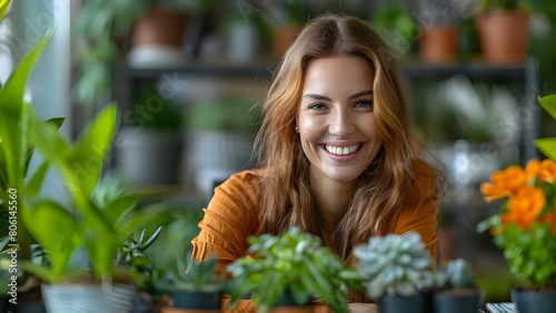 Joyful woman sitting at desk with plants  smiling at camera in a cozy home. Concept Cozy Home  Desk Decor  Indoor Plants  Smiling Portrait  Joyful Woman