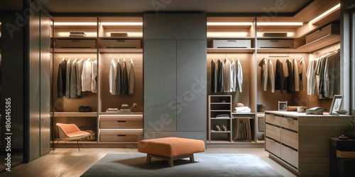 Techno style wardrobe interior in modern house. photo