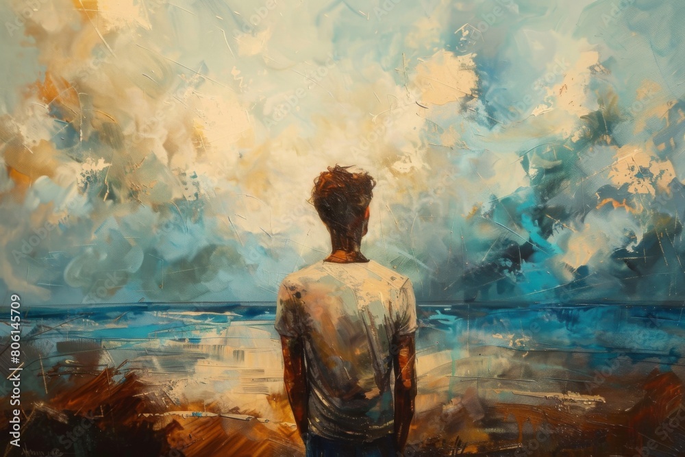 A man is standing on a beach looking out at the ocean A man is standing on a beach looking out at the ocean