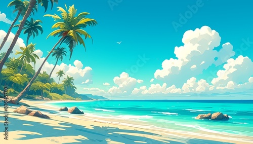 landscape view of a tropical beach scene  with a blue sky  white clouds  crystal clear water