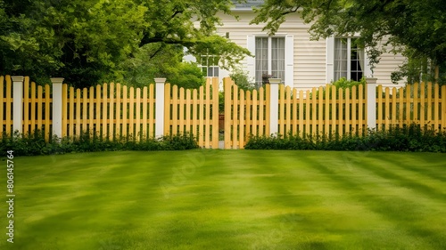 Nice wooden fence around house. Wooden fence with green lawn.