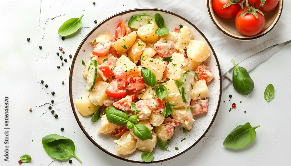 Plate of tasty Potato Salad with vegetables on white background Plate of tasty Potato Salad with vegetables on white background