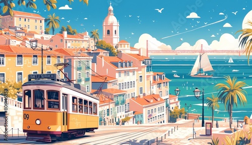 Cute and colorful illustration of the streets in Lisbon, Portugal with a vintage tramway car. The buildings have white lines on their facades. photo