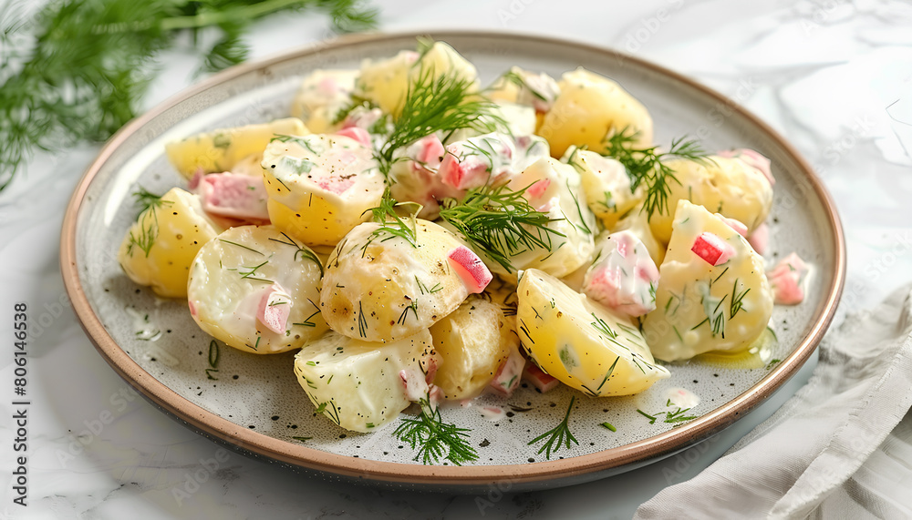 Plate of tasty Potato Salad with vegetables on white background Plate of tasty Potato Salad with vegetables on white background