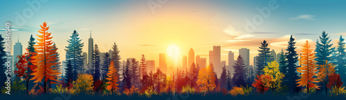 An illustration city skyline with tall buildings in the background. There is a tree in the foreground  ecofriendly concept  Generative AI 
