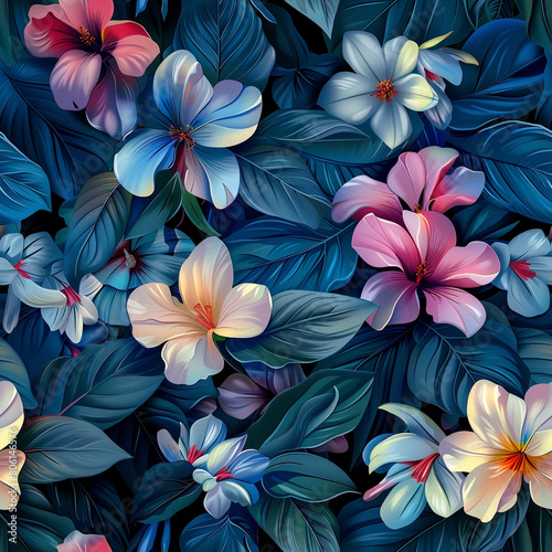 Pretty Mixed Flowers and Leaves Digital Graphic  Seamless Pattern