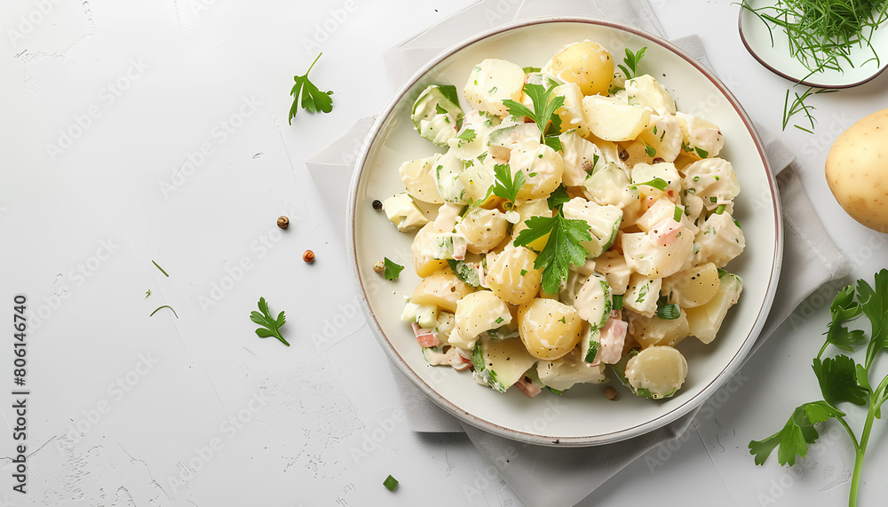 Plate of tasty Potato Salad with vegetables on white background Plate of tasty Potato Salad with vegetables on white background