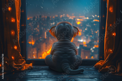 Elephant looking at the city at night with lights photo