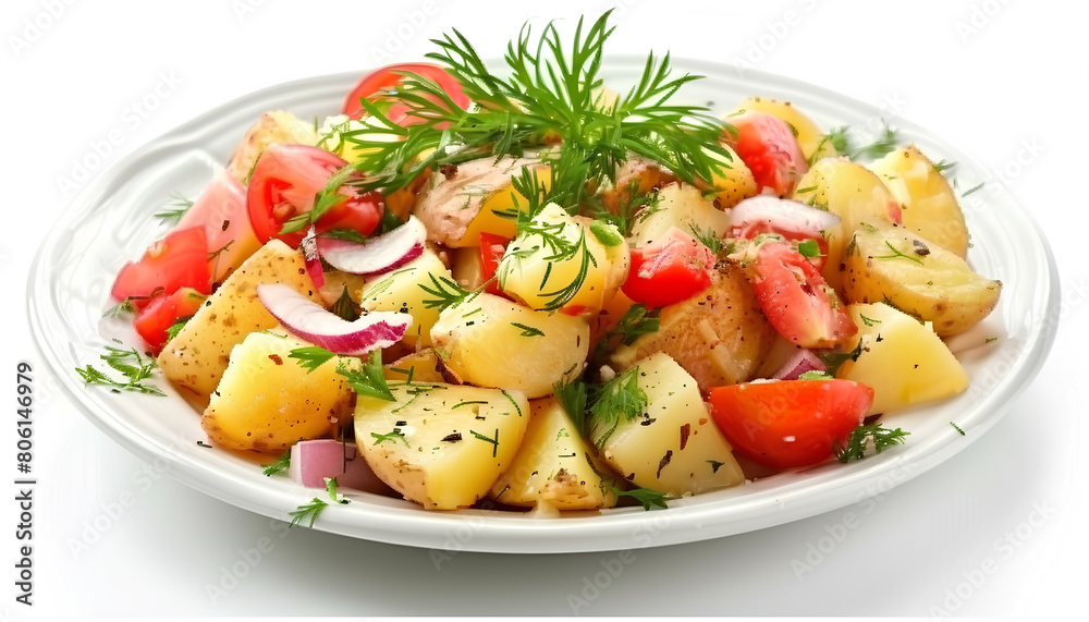 Plate of tasty Potato Salad with vegetables on white background Plate of tasty Potato Salad with vegetables on white background