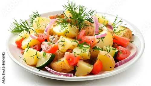Plate of tasty Potato Salad with vegetables on white background