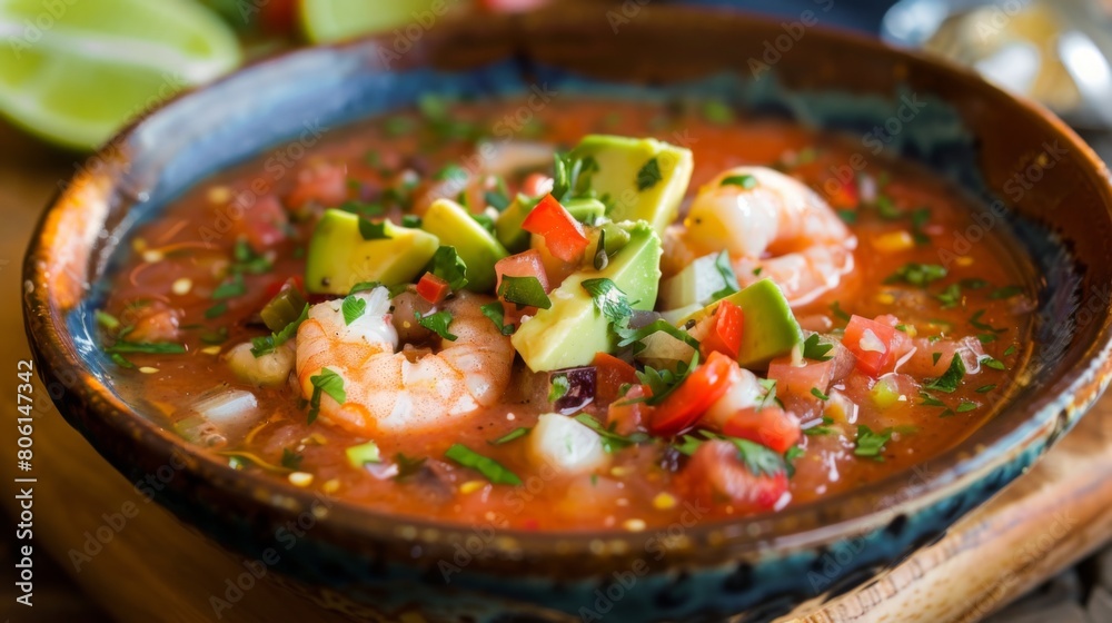 A refreshing seafood gazpacho soup, chilled to perfection and brimming with shrimp, crab meat, avocado, and diced vegetables, a summer sensation. A refreshing seafood gazpacho soup, chilled to perfection and brimming with shrimp, crab meat, avocado, and diced vegetables, a summer sensation.