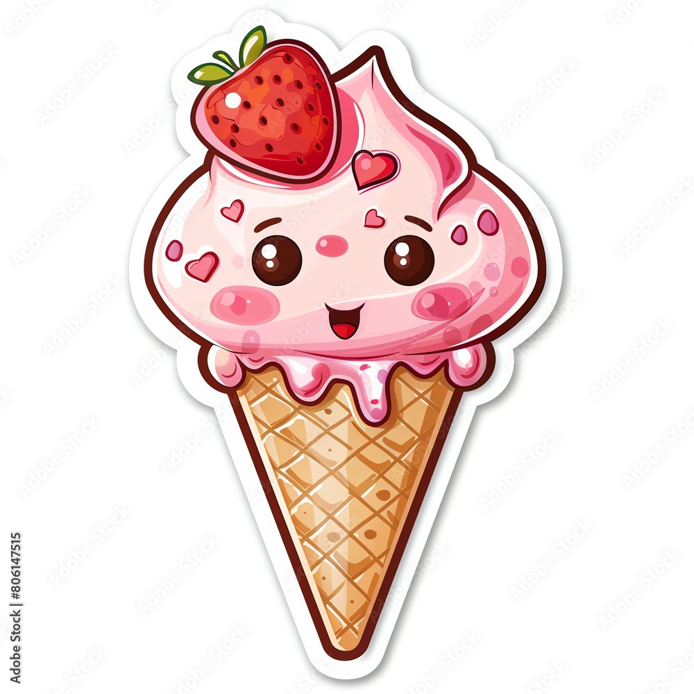 A cute sticker of Ice Cream, clipart, isolated on white background