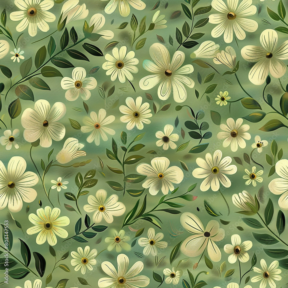 Sage Green Retro Boho Chic Flowers Wallpaper Painting Cartoon, Seamless Pattern
