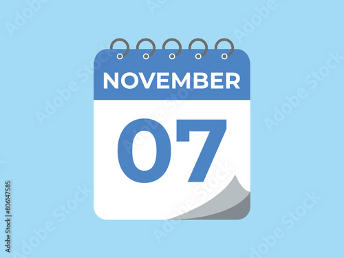 November  7 calendar reminder. 7 November  daily calendar icon template. Calendar 7 November  icon Design template. Vector illustration
