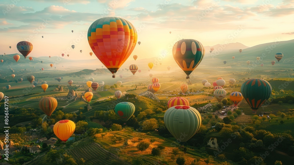 Obraz premium A field of hot air balloons is flying in the sky. The balloons are of different colors and sizes, and they are scattered all over the sky. The scene is peaceful and serene