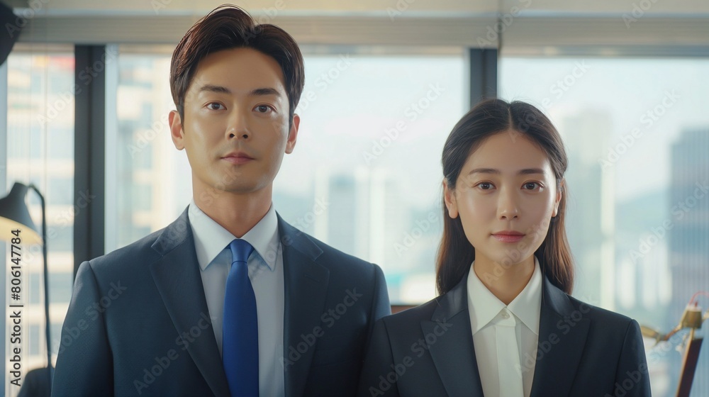 A korean man and woman, both dressed in smart business attire, stand side by side in an office environment. their attention is directed forwards, as if waiting for instructions. generative AI A korean man and woman, both dressed in smart business attire, stand side by side in an office environment. their attention is directed forwards, as if waiting for instructions. generative AI