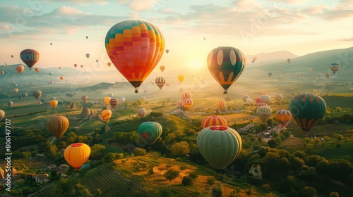 A field of hot air balloons is flying in the sky. The balloons are of different colors and sizes, and they are scattered all over the sky. The scene is peaceful and serene