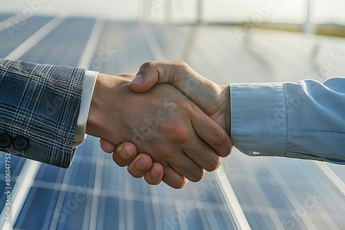 Handshake with a wind turbine or solar panel, Emphasizing renewable energy