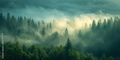 mist in the forest, green misty forest trees with fog, nature background, misty morning in the forest,  © Planetz