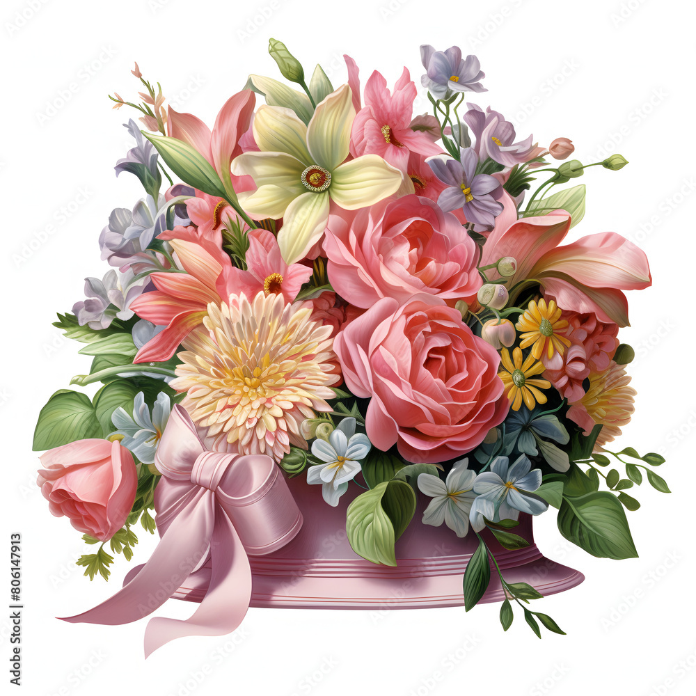 A classic clip art of a beautiful Flower Hat boxe, freshy colourful, overflowing with assorted blooms and greenery, beautiful wedding style, single objects, isolated on white background. A classic clip art of a beautiful Flower Hat boxe, freshy colourful, overflowing with assorted blooms and greenery, beautiful wedding style, single objects, isolated on white background.