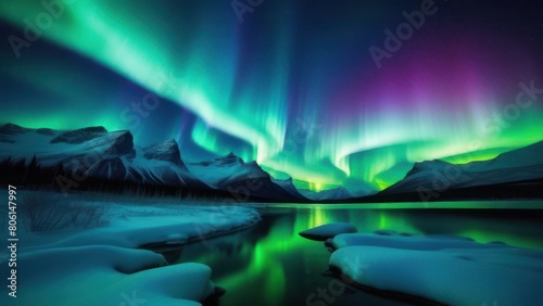Northern Lights over a mountainous landscape  showcasing vivid green and blue hues in the night sky  reflecting over icy waters