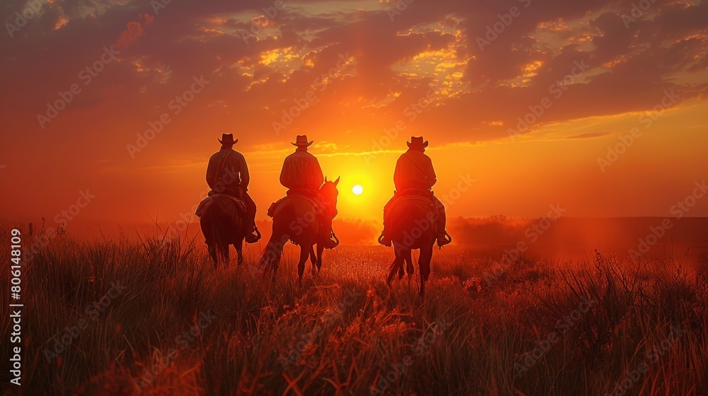 portrait of a group of cowboys sitting on horseback at sunset. Vintage and bunch silhouette