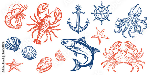 Seafood animals set with lobster, salmon, crab and squid  in sketch outline style on white background, vector illustration photo