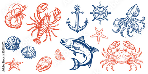 Seafood animals set with lobster, salmon, crab and squid  in sketch outline style on white background, vector illustration