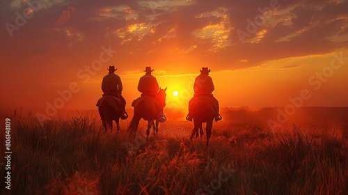 portrait of a group of cowboys sitting on horseback at sunset. Vintage and bunch silhouette