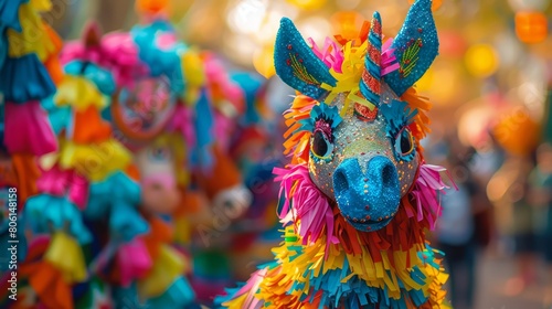 A colorful unicorn made of paper is standing in front of a group of people. The unicorn is surrounded by other paper animals, creating a festive and lively atmosphere