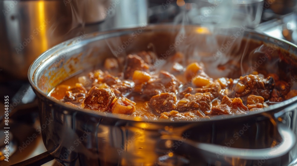A savory triple-layer pork belly stew simmering in a pot, filling the kitchen with the aroma of rich spices and tender meat. A savory triple-layer pork belly stew simmering in a pot, filling the kitchen with the aroma of rich spices and tender meat.