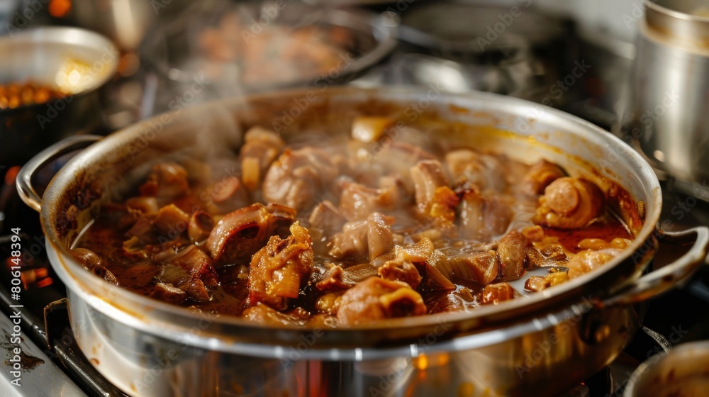 A savory triple-layer pork belly stew simmering in a pot, filling the kitchen with the aroma of rich spices and tender meat.