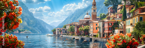 Serene Lake Como Scenery, Quaint Villages Nestled Between Lush Mountains and Tranquil Waters, Italy photo
