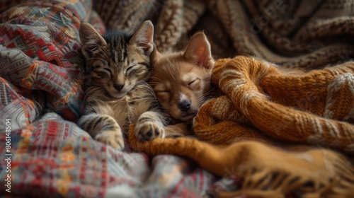 Two cats and a dog are sleeping on a blanket. The cat is on the left and the dog is on the right © Sasikharn