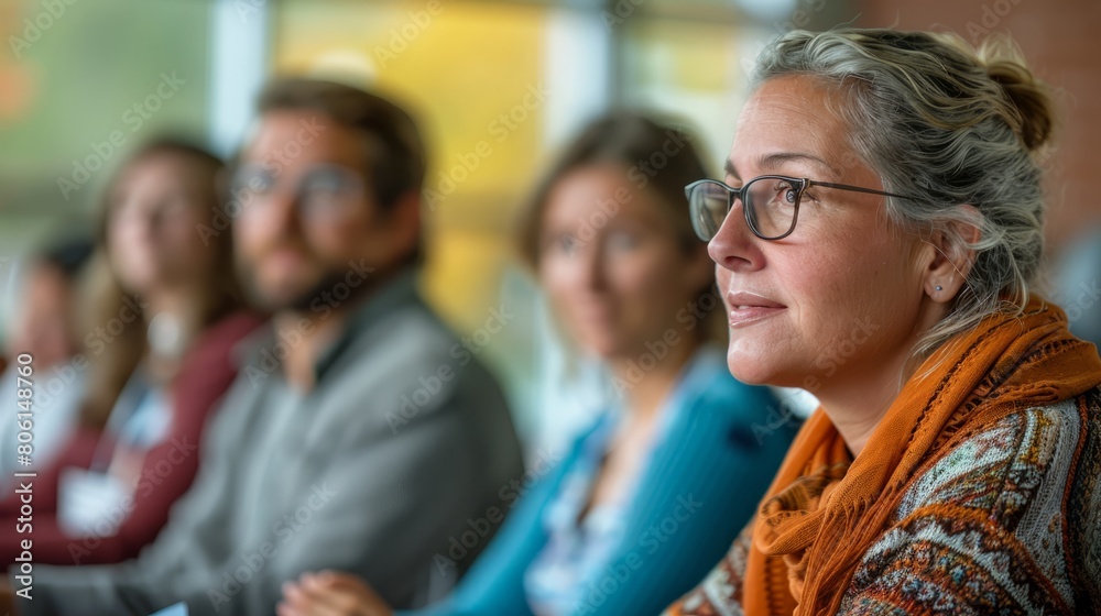 A group of people are sitting in a room, one woman is wearing glasses and an orange scarf A group of people are sitting in a room, one woman is wearing glasses and an orange scarf