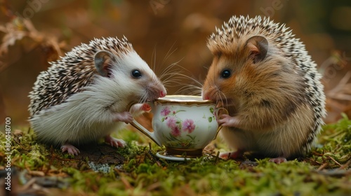 Two hedgehogs are drinking from a teacup. The teacup is white with pink flowers